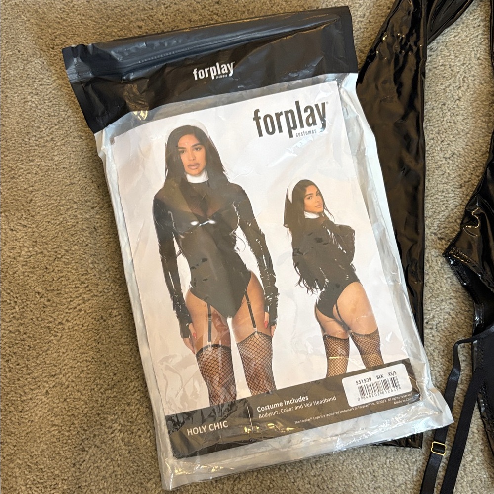 Forplay Glossy Black Naughty Nun Costume Bodysuit